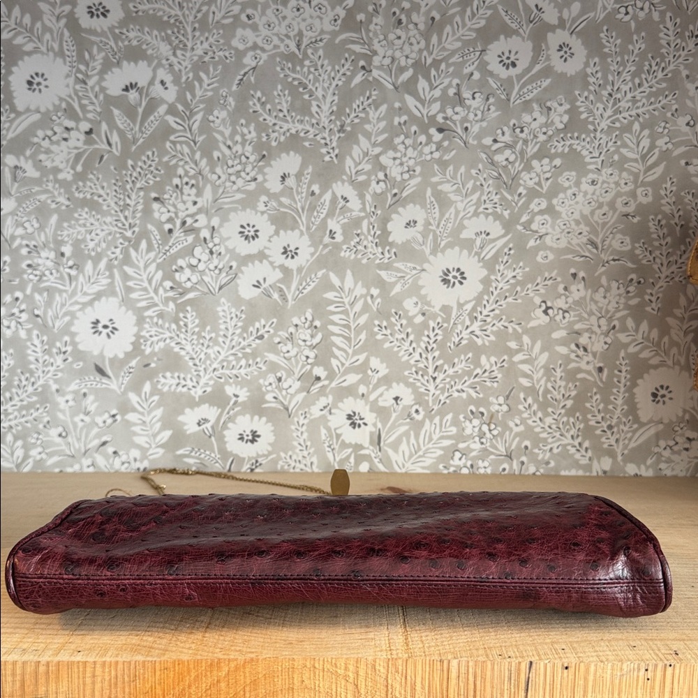 Genuine Ostrich Leather Burgundy Clutch with Gold Chain - Picture 6 of 6